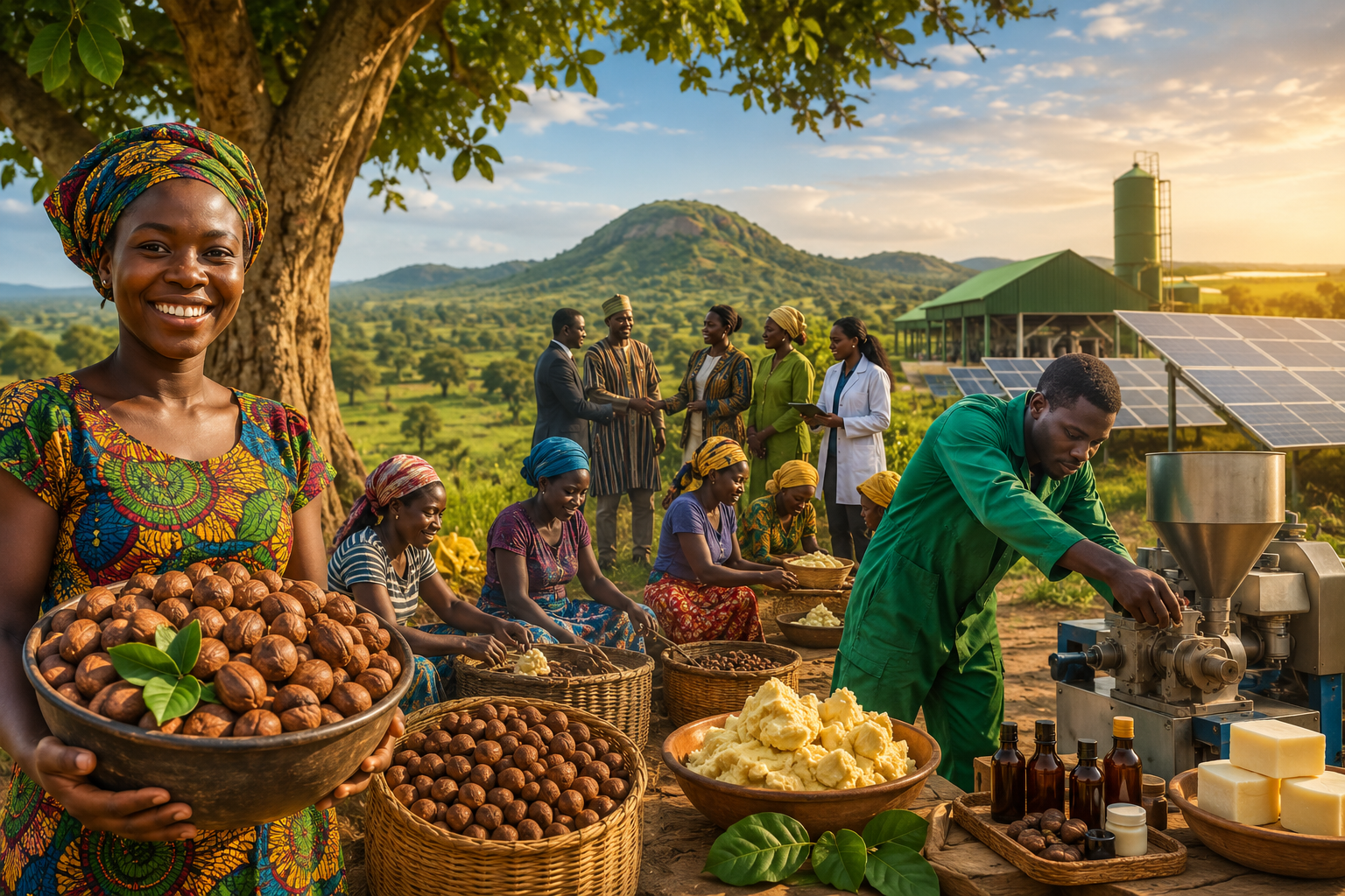 Women processing shea products and community development initiatives in Northern Ghana